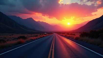 Long winding road with mountains in the distance, sunset, solitude