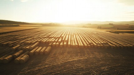Naklejka premium a farm with a large pile of freshly pressed straw bales. The bales are arranged in neat rows under the bright sunlight,