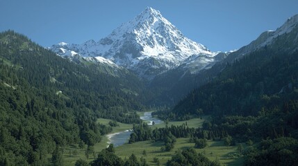 Fototapeta premium Majestic snow-capped mountain valley, serene river, lush green forests. Ideal for travel brochures