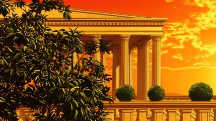 Fototapeta premium Sunset temple garden, ancient architecture, peaceful landscape, historical illustration, travel brochure