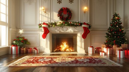Cozy Christmas living room with decorated fireplace, stockings, tree, and festive gifts