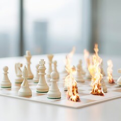 Chess pieces in flames on a corporate boardroom table, [strategic risks], [symbolizing high-stakes corporate strategies]