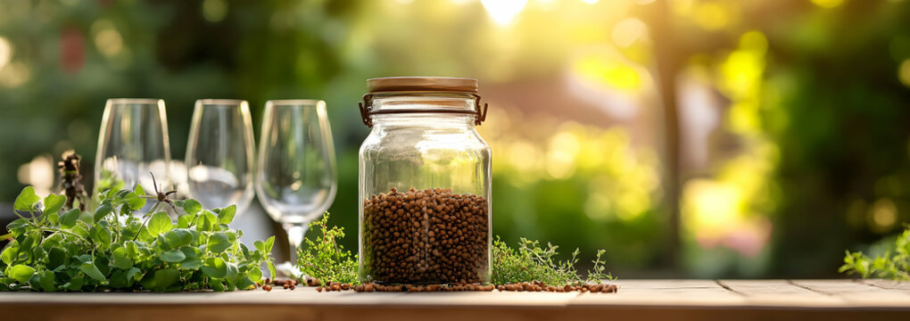 Jar of cumin seeds and greenery on a rustic outdoor table with wine glasses