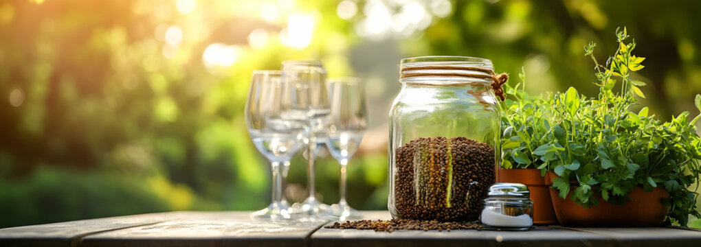 Jar of cumin seeds and greenery on a rustic outdoor table with wine glasses