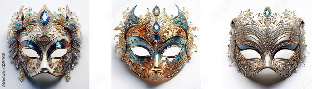 Poster three ornate feline masks, each with unique color palettes and crown-like adornments. they showcase 