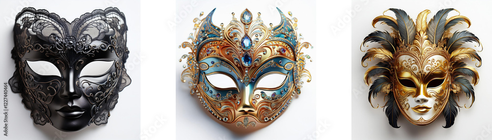 Poster three ornate masquerade masks, each with unique design and color, displayed against a plain backgrou