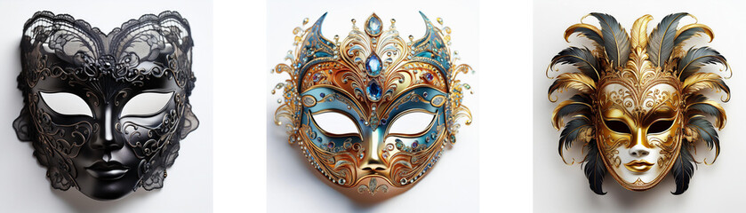 Naklejka premium Three ornate masquerade masks, each with unique design and color, displayed against a plain background.