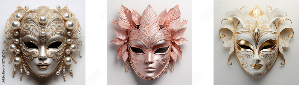 Poster three ornate venetian-style masks, each in a different color and design, showcase intricate details 