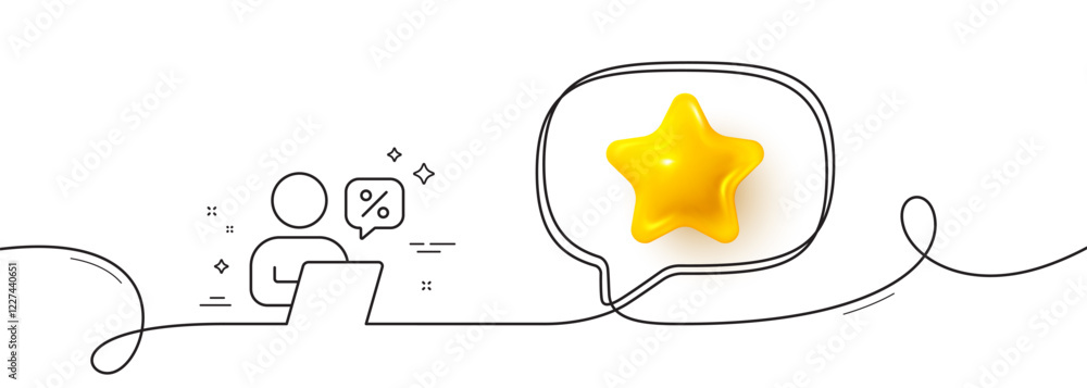 Poster online discounts line icon. continuous line with 3d star. sale offer sign. promotion price symbol. 3
