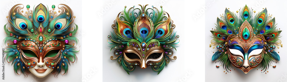 Poster three ornate masquerade masks adorned with peacock feathers. each mask features a unique design and 