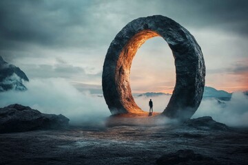 Fototapeta premium A magical glowing portal that is shutting while a lone figure stands on the outside, symbolizing exclusion from a mystical opportunity