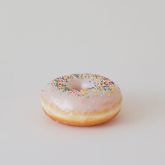 A single glazed donut with colorful sprinkles placed on a clean white background