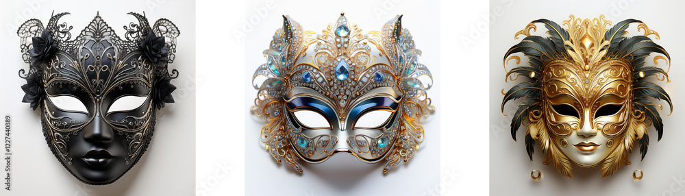 Poster three ornate masquerade masks, each with unique designs and colors; one dark, one light, and one gol