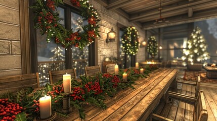 Festive dining room adorned with holiday decorations, featuring a long wooden table and candles