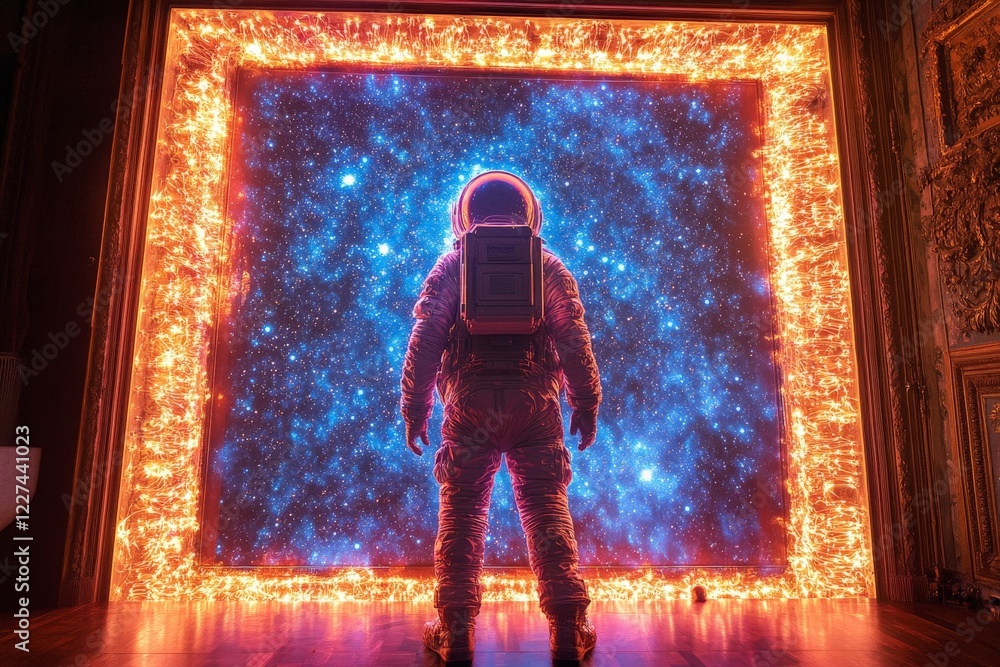 Poster astronaut standing before a glowing portal to the cosmos in a mysterious environment at night