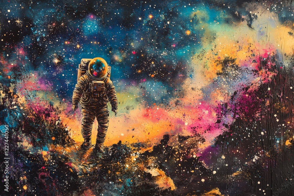 Poster astronaut explores vibrant cosmic landscape filled with stars and colorful nebulae in deep space