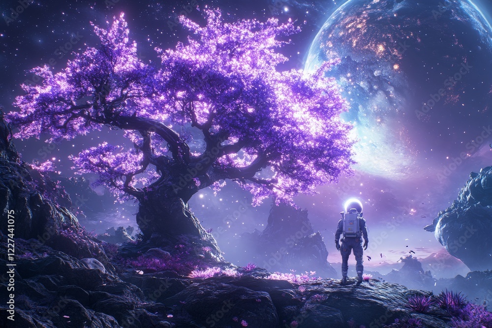 Poster astronaut explores vibrant alien landscape under a glowing tree and distant planetary formations