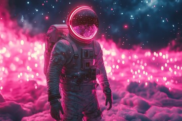 Astronaut exploring a vibrant cosmic landscape filled with pink nebulae and sparkling stars
