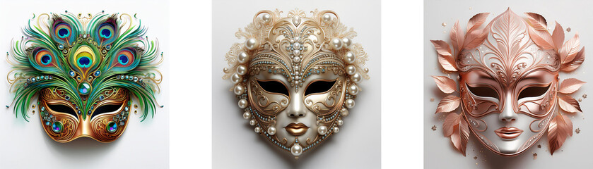 Naklejka premium Three ornate Venetian masks, each with unique embellishments and color palettes. One features peacock feathers, another has a textured, light-colored design, and the third is a rose-gold hue.