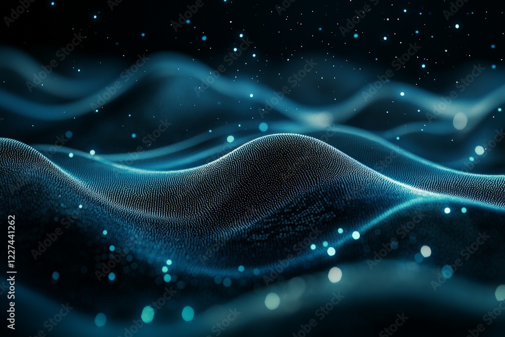 Poster abstract depiction of waves with glowing particles in a dark atmosphere creating a serene digital la