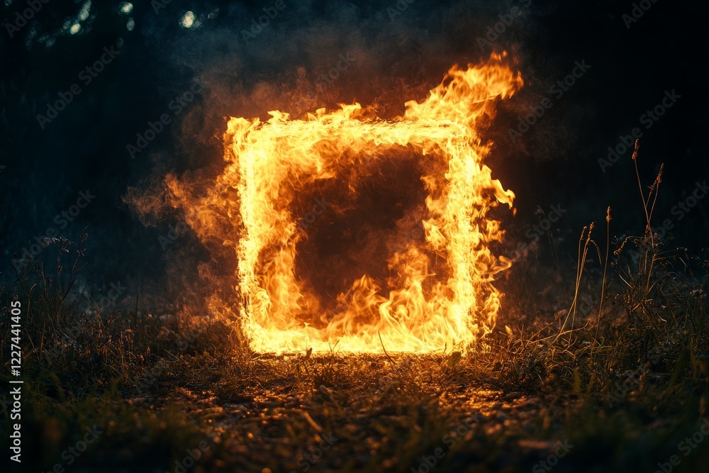 Poster unique burning square frame in a dark forest setting at night creates a striking visual experience