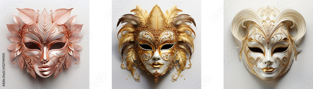 Aufkleber three ornate venetian-style masks, each in a different color and with unique features. they are eleg