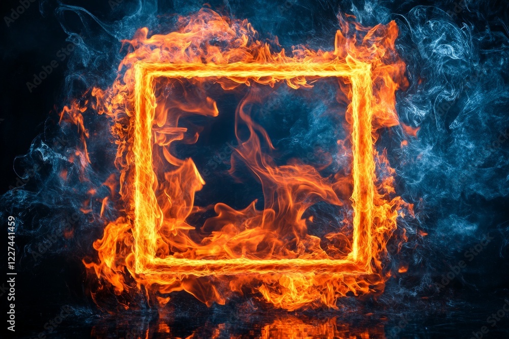 Poster bright flames create a glowing rectangular frame with swirling smoke in a dramatic display of fire e