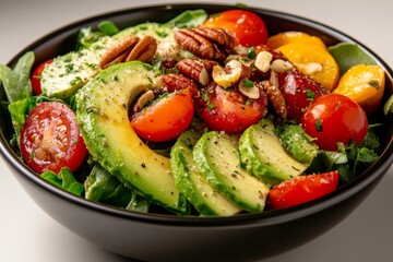 A bowl of fresh salad with avocado, cherry tomatoes, mixed greens, and nuts. Generative AI