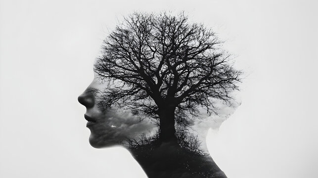 double exposure of a tree growing within a person's head, symbolizing wisdom, growth, and the nurturing power of thoughts 