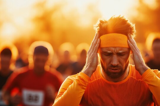 A marathon runner struggling to continue, with exhaustion etched on their face, symbolizing personal setbacks