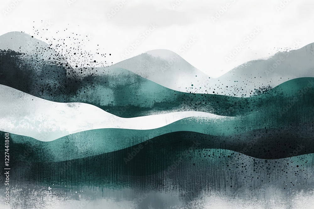 Poster abstract landscape with rolling waves in shades of green and gray, creating a tranquil and serene at