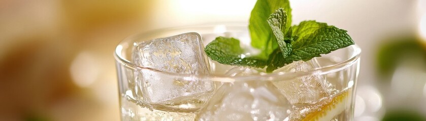A refreshing beverage with ice and mint, perfect for cooling off on a hot day.