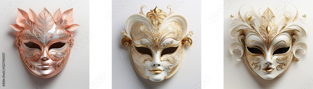Poster three elegant venetian-style masks, each in a different pastel shade, are displayed against a neutra