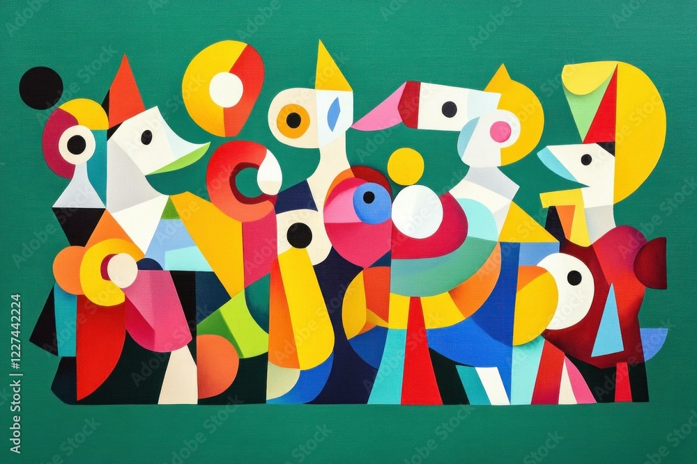 Poster abstract colorful composition representing diverse people with vibrant shapes and patterns in a live