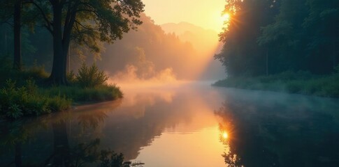 Naklejka premium Shimmering water surface reflected in a misty forest at dawn, soft light, atmosphere
