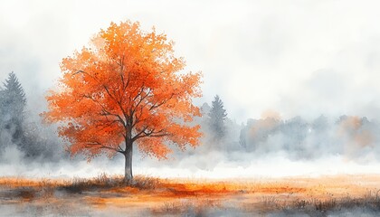Beautiful watercolor scene of an autumn tree with vivid orange foliage standing in a mistcovered field
