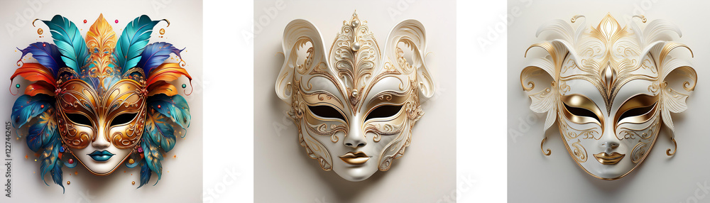 Poster three ornate masquerade masks, each uniquely designed with varying colors and textures, showcasing i