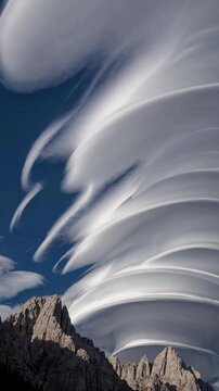 Majestic mountain peaks beneath lenticular clouds, their smooth, layered forms contrasting the rugged terrain. Light and stillness create an otherworldly, mesmerizing atmosphere.
