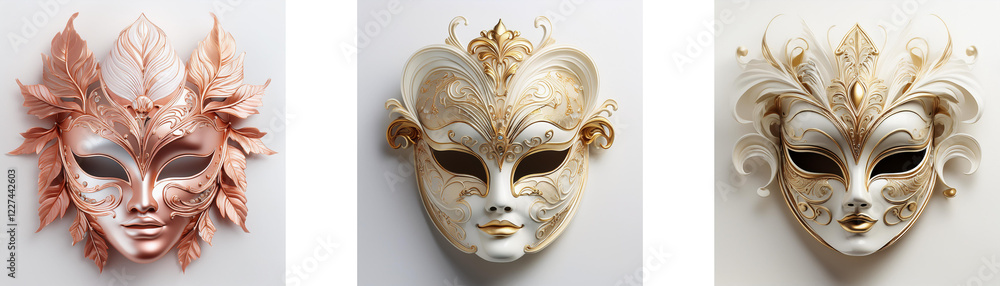 Poster three ornate venetian-style masks, each in a different color, are displayed. the masks have intricat