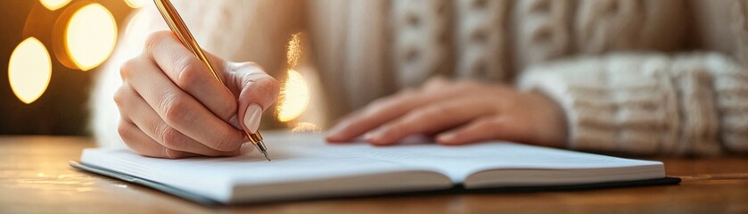 Close-up of handwriting in gratitude journal with warm cozy lighting