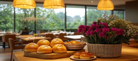 Charming Caf Interior Pastries, Warm Lighting, and Blurred Tables with a Window View