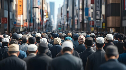 Obraz premium Crowd of Muslim men and women in Tokyo celebrating Ramadan Kareem