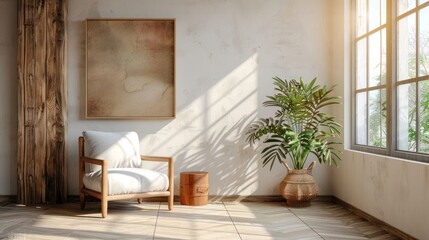 Cozy interior with a wooden chair, potted plant, and sunlight streaming through a window