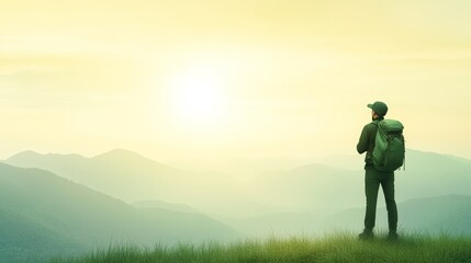Triumphant hiker reaches majestic mountain peak breathtaking panorama of nature grandeur