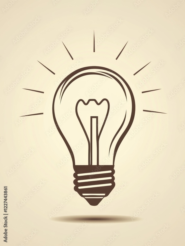 Poster bright light bulb illustration with rays shining in a simple and clean design for art or educational