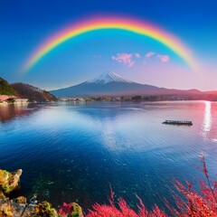 虹がかかった富士山