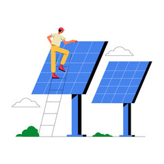 Technician Installing Solar Panels In Flat Vector Illustration Symbolizing Renewable Energy, Sustainability, And Green Technology, Isolated On White Background