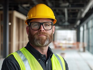 Confident construction worker in hard hat and safety vest stands in modern building site with safety focus
