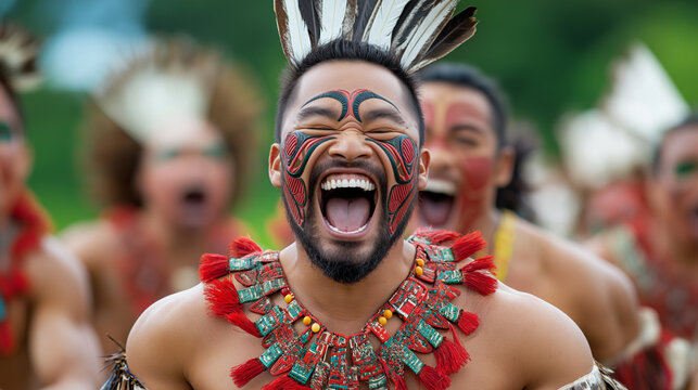 Maori warriors perform traditional haka dance in New Zealand, showcasing strength and cultural heritage during a vibrant outdoor celebration at dusk