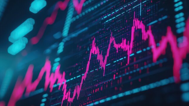 Holographic stock chart dropping sharply, red neon lines, glitch effect, futuristic style representing financial instability , closes up